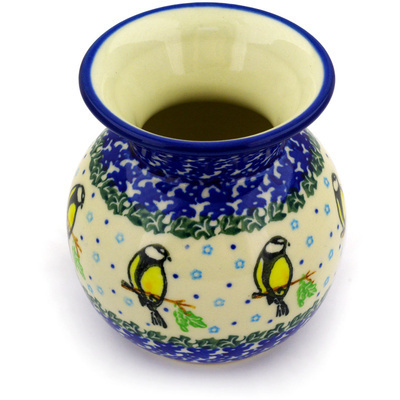 Polish Pottery Vase 4&quot; Happy Goldfinch