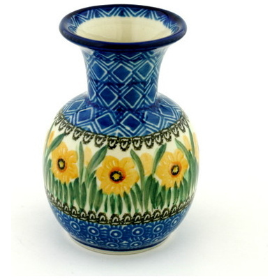 Polish Pottery Vase 5&quot; Yellow Daffodil Field UNIKAT