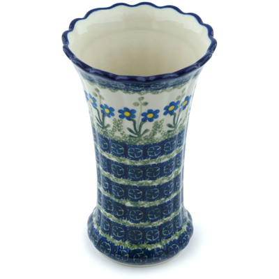 Polish Pottery Vase 7&quot; Blue Daisy Circle