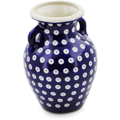 Polish Pottery Vase 8&quot; Blue Eyed Peacock