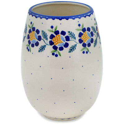 Polish Pottery Vase 8&quot; Orange And Blue Flower