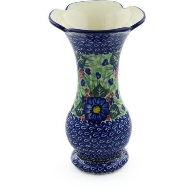 Polish Pottery Vase 9&quot; Blue Bud Delight UNIKAT