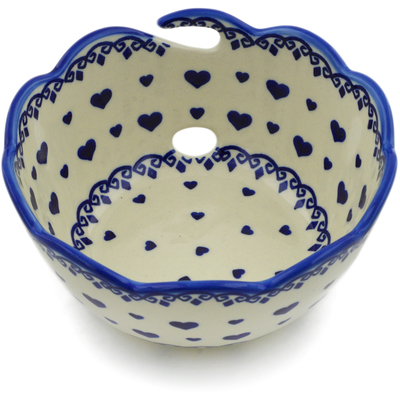 Polish Pottery Yarn Bowl 6&quot; Blue Valentine Hearts