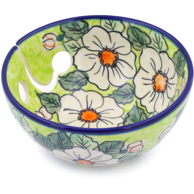 Polish Pottery Yarn Bowl 6&quot; White Flower Bouquet