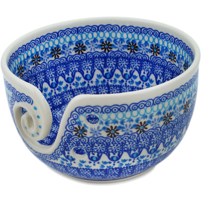 Polish Pottery Yarn Bowl 7&quot; Crocheted Granny Squares