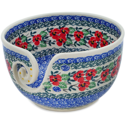 Polish Pottery Yarn Bowl 7&quot; Red Pansy
