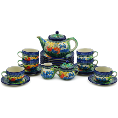 Sunflower Teapot and Tea Cup Set for One Polish Pottery 